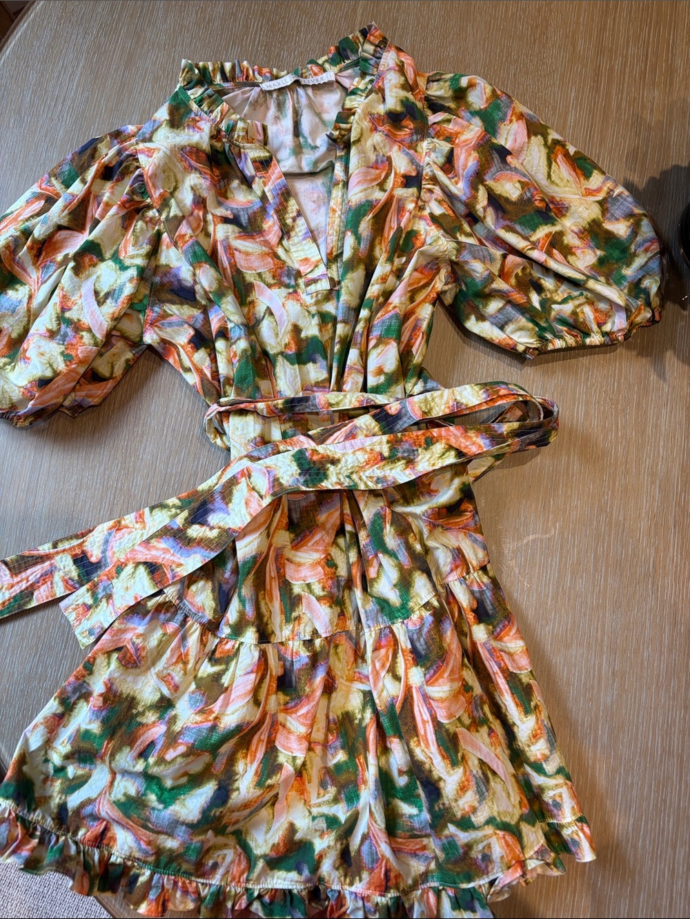 Marie Oliver Green & Peach Watercolor Mini Wrap Dress
